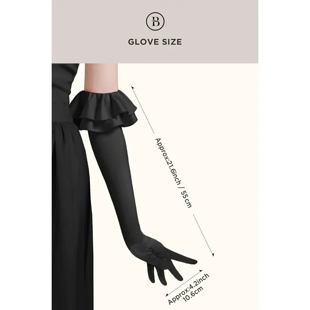 Women's Black Long Satin Ruffle Cuff Stretchy Sleeves Gloves Wedding Costume